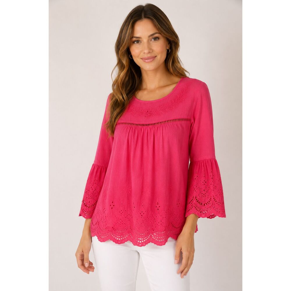Cupio Strawberry Pink Embroidered Eyelet Top M 100% Cotton Bell Sleeve Boho